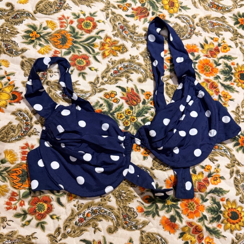 Vintage 80s Polka Dot Underwire Crop Top Bra Swim top Navy Blue Size 12